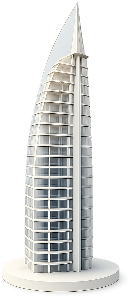 A rendered study model of a tapering high-rise tower on a display plinth.